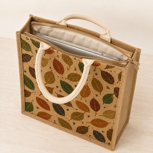 Sac fourre-tout en jute avec motif de feuilles brodé, fermeture éclair rectangulaire, poignée en corde, sac de courses réutilisable pour supermarché, vin, usage quotidien - Product Image 4
