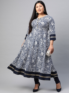 Kurta Anarkali en coton bleu à fleurs pour femmes grandes tailles, col rond, manches trois quarts, confortable, à porter au quotidien - Product Image 5