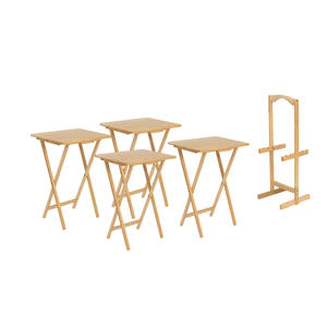 Natural Rubberwood <b>Folding</b> TV <b>Tray</b> <b>Table</b> Set with Storage Rack 4-Piece Indoor Stand - Product Image 2