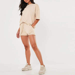 Conjunto de Shorts de 2 Piezas para Mujer, Color Beige, Cuello Redondo, Manga Corta, Corte Regular, Casual, Primavera Verano, Transpirable, Tejido de Poliéster Estampado - Product Image 2