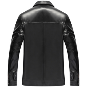 Veste en cuir PU noir pour homme, col rabattu, fermeture éclair, vêtement d'extérieur décontracté pour l'automne, coupe classique, couleur unie, en cuir de chèvre véritable - Product Image 2