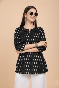 Tunique décontractée noire à col rond pour femme, en mélange de coton, longueur normale, manches trois quarts, entièrement cousue, haut pour fille - Product Image 2