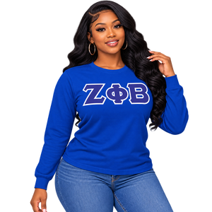 T-shirt à manches longues Zeta Phi Beta pour femme, bleu royal, avec appliqué lettre grecque en sergé ZOB, col rond, poignets côtelés, en coton, pour sororité - Product Image 1