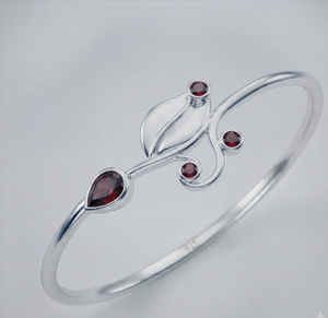 Classic 925 Sterling <b>Silver</b> Garnet Bangle <b>Bracelet</b> Open <b>Cuff</b> Leaf Stone Wedding Engagement Jewelry Gift for Women - Product Image 1