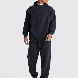Conjunto de Sudadera con Capucha Negra Unisex, Manga Larga, Color Sólido, Ropa Deportiva Informal, con Bolsillos Laterales, Corte Holgado y Ligero, 2 en 1 - Product Image 1