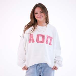 Sweat-shirt blanc surdimensionné en mélange de coton écologique pour femme, broderie Alpha Omicron Pi, épaules tombantes, col rond, manches longues - Product Image 4