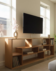 Mueble de TV de Madera de Roble Claro al por Mayor de Fábrica, Consola Geométrica con Estantes Abiertos, Unidad de Almacenamiento y Exhibición para Sala de Estar - Product Image 5