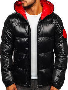 Men's Black Hooded Puffer <b>Jacket</b> With <b>Red</b> Lining And Sleeve Patch Windproof Winter Casual Coat Zipper Closure - Product Image 1