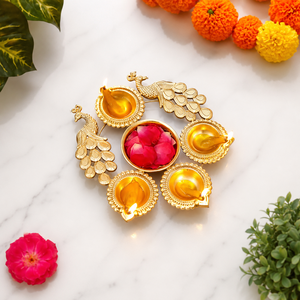 Handcrafted Brass Peacock Diya Urli <b>Tea</b> <b>Light</b> <b>Holder</b> with Lid Christmas Center Bowl Decorative Pooja Diwali Traditional Festival - Product Image 2