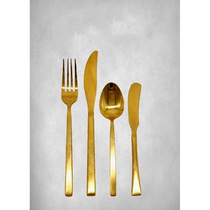 Juego de cubiertos con mango de diseño plano chapado en oro brillante fabuloso informal, diseño real económico de acero inoxidable para eventos de boda - Product Image 2