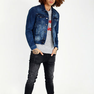 Men's <b>Slim</b> <b>Fit</b> Denim <b>Jacket</b> Blue Washed Cotton Casual Style Turn-down Collar Regular Sleeve Autumn Wear - Product Image 2