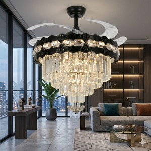 Invisible Retractable Blade <b>Ceiling</b> Fan Luxury Black <b>Crystal</b> Chandelier <b>LED</b> <b>Light</b> Fixture with Remote for Elegant Interiors - Product Image 5