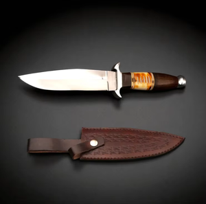 Couteau de chasse Bowie multifonctionnel forgé à la main, lame en acier Damas, manche en bois et os de chameau, pointe clip, outils de camping en plein air - Product Image 2