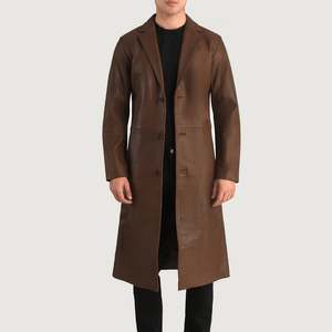 Chaquetas de Cuero Genuino para Hombre, Abrigo Largo con Cuello Camisero, Doble Botonadura, Ropa Formal de Invierno - Product Image 2