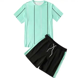 Wholesale Price Mens Striped T Shirt And Shorts Two Piece Outfit Breathable Training Gym Activewear Performance Matching <b>Set</b> - Product Image 3