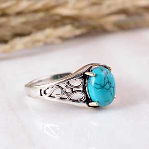 Vintage 925 Silver Blue <b>Turquoise</b> <b>Ring</b> Handmade Filigree Oxidized Statement <b>Ring</b> Wholesale Natural Stone Jewelry - Product Image 2