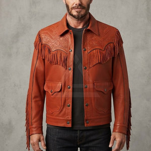 Embossed <b>Western</b> Leather <b>Jacket</b> Men Stylish Fringe Outerwear For Outdoor Casual Wear Cowboy Fashion And Streetwear - Product Image 3