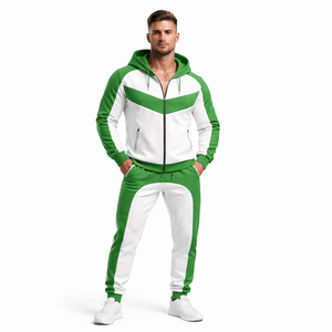 Conjunto Deportivo Unisex Verde y Blanco en Contraste – Chaqueta con Capucha y Cremallera con Pantalones Jogger, Atuendo Deportivo Informal de Corte Ajustado para Gimnasio - Product Image 1