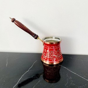Cafetière turque artisanale en laiton avec poignée en bois, motif floral émaillé, Cezve traditionnelle pour la maison, le café, l'hôtel, idée cadeau - Product Image 4