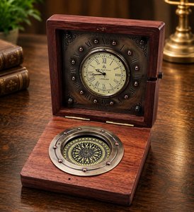 Reloj de Escritorio Rectangular de Madera CH con Brújula y Números Romanos, Diseño Tradicional, Movimiento de Cuarzo Silencioso, Funciona con Batería - Product Image 6