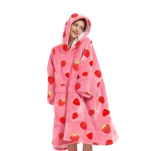 <b>Pink</b> Strawberry Printed Plush Wearable <b>Blanket</b> Hooded Full Length Soft Cozy One Piece Sleepwear - Product Image 6
