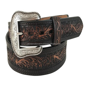 Ceinture en cuir occidentale unisexe avec double couture et motifs floraux gravés, ceintures en cuir pour cow-boy et cow-girl - Product Image 1
