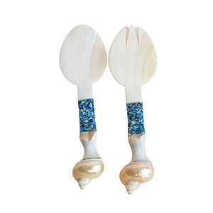 Cuchara artesanal con incrustaciones de concha azul y nácar, herramienta grande para servir ensalada, vajilla natural ecológica. - Product Image 1