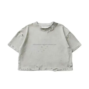 Best Selling Women's Vintage Crew Neck Short Sleeve Crop <b>Top</b> T-Shirt Loose Fit Breathable Acid Wash Knitted Polyester/Cotton - Product Image 4