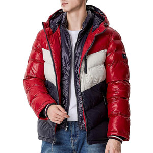 Men's Red Navy <b>White</b> Color Blocking Hooded <b>Puffer</b> <b>Jacket</b> Zipper Front Windproof Down Filled Casual Winter Wear - Product Image 4