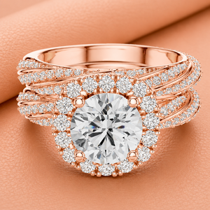 Bague de fiançailles de luxe avec halo de diamants ronds pour femme en or jaune, or blanc et or rose, bijoux de mariée - Product Image 1