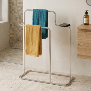 Porte-serviettes autoportant en chrome à 2 barres avec étagère de rangement, support de serviettes de bain mobile pour salle de bain, design minimaliste - Product Image 1