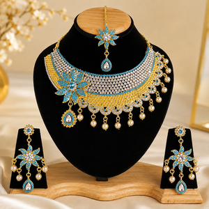 Conjunto de Joyería Étnica Chapada en Oro Rosa, Diseño Floral Vintage para Mujer, Collar y Aretes con Cristales y Perlas de Imitación, para Boda o Compromiso - Product Image 1