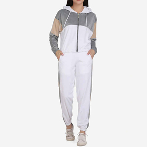 Women Solid Zipper Hooded Streetwear Tracksuit <b>Set</b> Full Sleeve Knitted Cotton Casual Fit <b>2</b> <b>Piece</b> Custom <b>White</b> Gray Beige Winter - Product Image 1