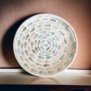 Eco Friendly Mother Of <b>Pearl</b> With Rattan Serving Tray Round Soft Neutral Inlay Design Natural <b>Frame</b> For Home Decor Sustainable - Product Image 5