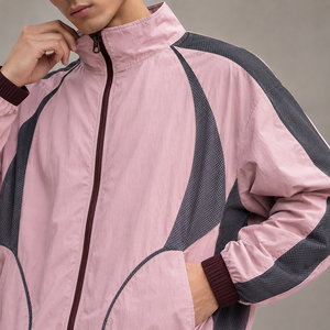 Men's <b>Pink</b> Gray Color Blocking Racer <b>Jacket</b> With Zipper Closure Sporty Loose Fit Stand Collar Breathable Spring Outerwear - Product Image 6