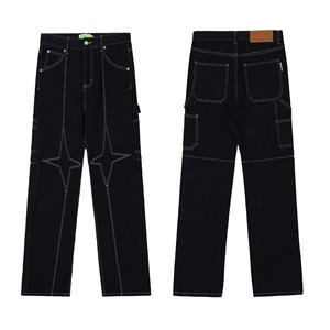 Jeans de créateur pour hommes coupe droite, style streetwear, avec broderies étoiles polaires et franges, de fabricant - Product Image 1