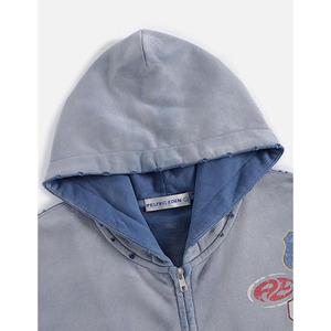 Sudadera con capucha unisex estilo vintage con efecto acid wash, corte holgado, con cremallera y bolsillos. - Product Image 5