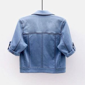 Women's 3/4 Sleeve Eco-Friendly <b>Cropped</b> <b>Denim</b> <b>Jacket</b> Light Wash Crop Top Turn-Down Collar Pocketed Casual Streetwear Y2K Summer - Product Image 5