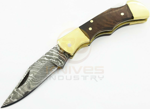 Couteau pliant artisanal en acier Damas avec poignée en bois et bolster en laiton – Couteau de poche haut de gamme pour la chasse et le camping - Product Image 6