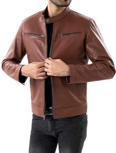 Chaquetas de Cuero Genuino Marrón para Hombre, Estilo Urbano, con Cuello de Botones a Presión, Disponibles al por Mayor - Product Image 4