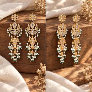 Gold Plated Long Kundan Style <b>Chandelier</b> Earrings with <b>Green</b> Beads and Faux Pearls Bridal Jewelry Manufacturer Bulk Supply - Product Image 5