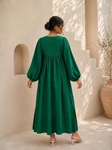 Bohemian Green Plain Cotton Linen Maxi <b>Dress</b> With V-Neck <b>Loose</b> Fit Full Sleeve Boho Style Summer Casual <b>Dress</b> For Women - Product Image 2