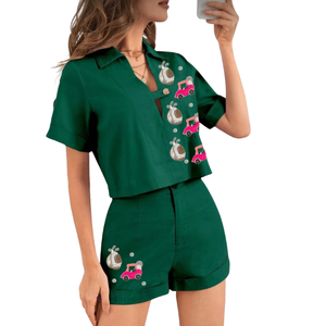 Ensemble 2 pièces d'été pour femme, haut décontracté tissé avec broderie de sequins et short de golf, respirant, avec patchs personnalisés – Meilleures ventes à prix abordable - Product Image 5