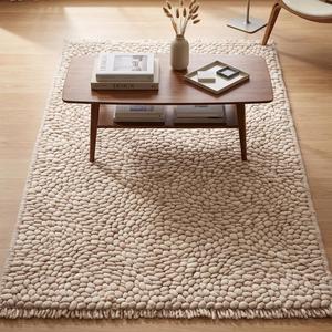 Alfombra Exclusiva Tejida a Mano de Lana Crema Beige, Texturizada con Bucle, Pelo Medio, Moderna, para Sala de Estar, Dormitorio, Entrada, Decoración - Product Image 5