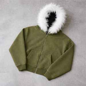 Veste en polaire à capuche vert olive avec fermeture éclair en fourrure blanche, vêtement d'extérieur décontracté d'hiver unisexe, coupe régulière - Product Image 1