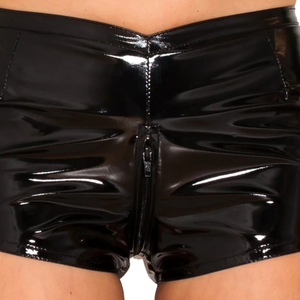 Shorts taille haute noirs en similicuir sexy pour femme – Pantalon de club coupe droite couleur unie avec taille élastique - Product Image 3