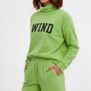 Women Winter Mockneck 2 Piece Knee Shorts Set Solid Polyester Cotton Fleece Streetwear Eco Friendly Quick Dry Breathable - Product Image 1