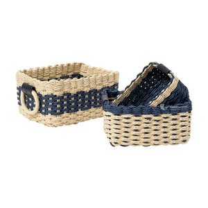 Paper Rope Storage Basket, Woven <b>Rectangle</b> Organizer with Ring Handles, Two-tone Nautical Eco-friendly Bathroom & Closet <b>Bin</b> - Product Image 1