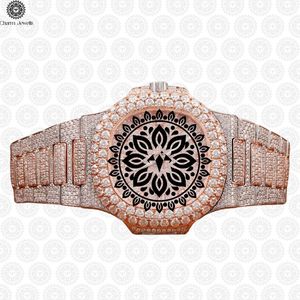 Montre analogique mécanique de luxe Charm Jewells en acier inoxydable incrusté de diamants en or rose, mouvement mécanique, 40 mm, fermoir pliant, mode masculine - Product Image 1