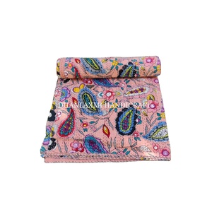 Handmade 100% Cotton Kantha Quilt Beautiful Indian Floral Print <b>Bedspread</b> With Embroidery Home Decorative Bedding Wholesale - Product Image 1